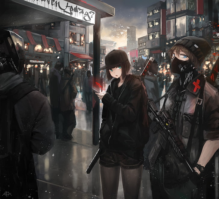 Cyfrowa tapeta kobieca postać z anime, anime, dziewczyny z anime, broń, krótkie włosy, niebieskie oczy, miasto, pistolet, Tapety HD