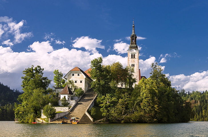 البحيرة ، الجزيرة ، الكنيسة ، سلوفينيا ، بحيرة بليد ، بليد ، كنيسة صعود مريم الحاج ، كنيسة صعود العذراء مريم، خلفية HD