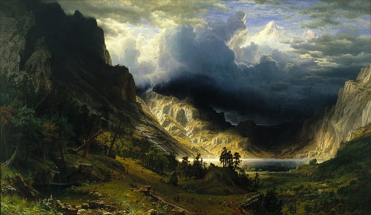 albert bierstadt natura paesaggio montagne fantasia arte pittura una tempesta tra le montagne rocciose, Sfondo HD