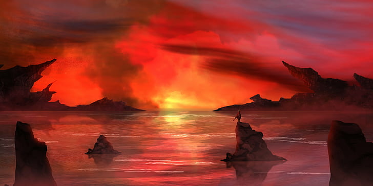червено, огън, дим, вода, река, HD тапет