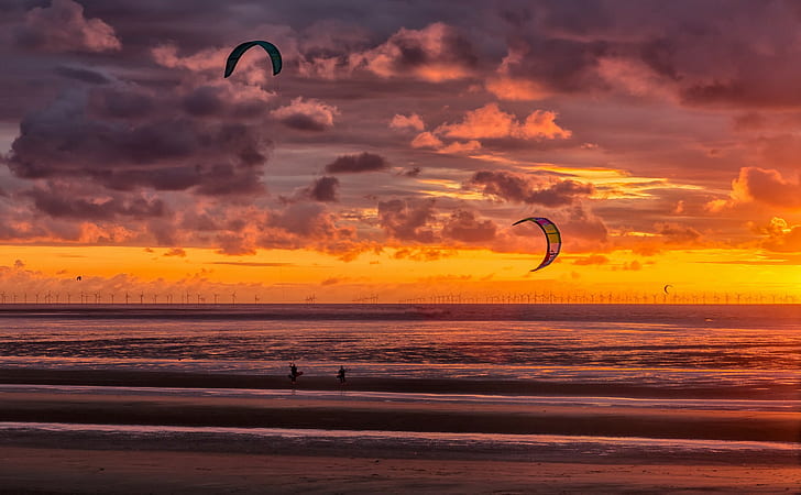 New Brighton, kitesurferzy, kitesurfing, plaża, zachód słońca, kitesurferzy, New Brighton, Tapety HD
