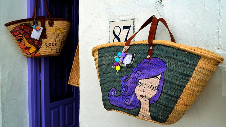 handbags, spain, andalucia, frigiliana, doors, purple, wall, white, shop, HD wallpaper
