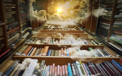 Създадено от човека, библиотека, книга, облак, фентъзи, вълшебно, мистично, HD тапет HD wallpaper