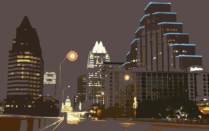 dessin, ville, urbain, nuit, rue, lumières, Austin (Texas), Fond d'écran HD
