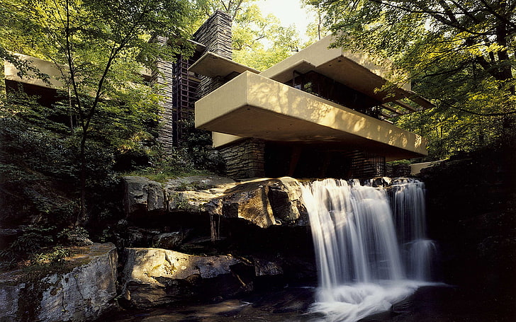 brown and gray concrete house, waterfall, Falling Water, Frank Lloyd Wright, building, trees, HD wallpaper