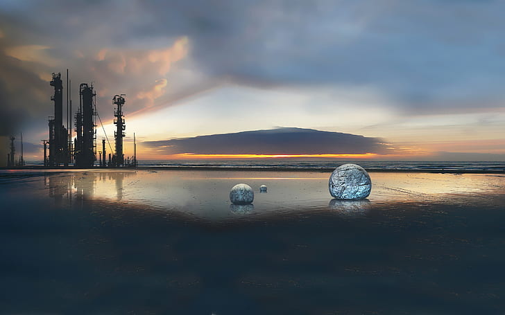 Oil exploration tower, sunset, sea, stone sphere, sunset 3d wallpaper, Oil, Exploration, Tower, Sunset, Sea, Stone, Sphere, HD wallpaper