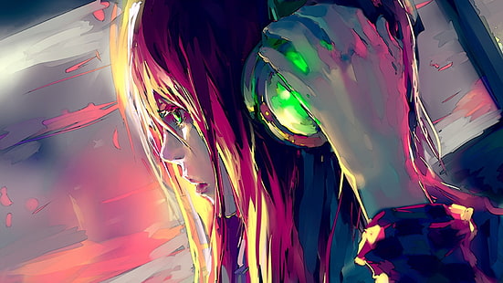 Anime, Anime Girls, Artwork, Fisheye Placebo, Grüne Augen, Kopfhörer, Frauen, HD-Hintergrundbild HD wallpaper