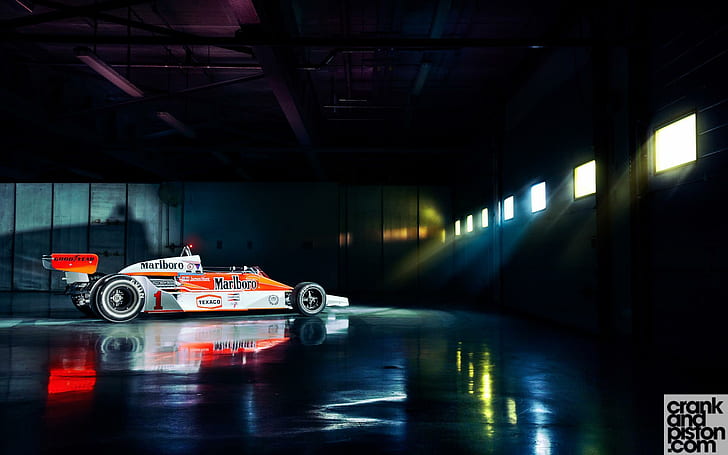 McLaren M26 James Hunt Dubai Autodrome 2, orange and wite go kart, dubai, mclaren, james, hunt, autodrome, cars, HD wallpaper