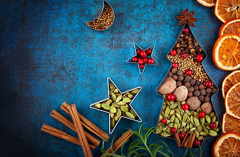 holiday, orange, Christmas, New year, nuts, cinnamon, spices, HD wallpaper HD wallpaper