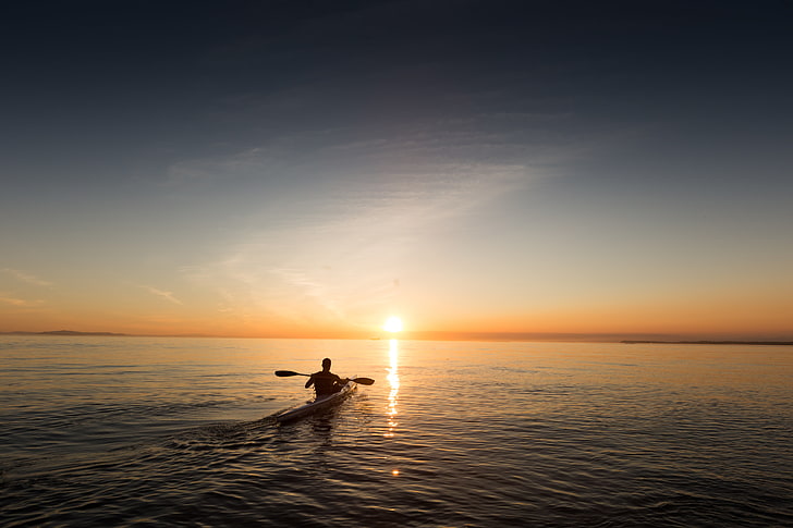 man riding on boat during golden hour, boat, skyline, sunrise, man, sky, sea, HD wallpaper