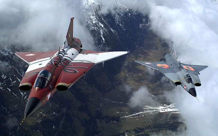 красно-серые истребители, реактивный истребитель Saab 35 Draken, самолеты, HD обои