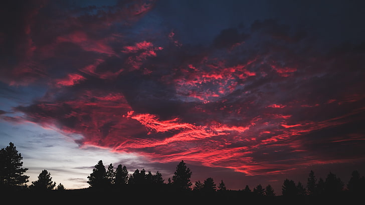 sky, red sky, cloud, nature, afterglow, silhouette, sunset, dusk, evening, HD wallpaper