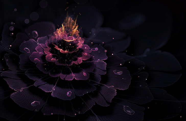 lila Blütenblatt Blumentapete, Blume, Tropfen, Strahlen, Licht, Abstraktion, Grafiken, Glühen, Fraktale, Bokeh, HD-Hintergrundbild