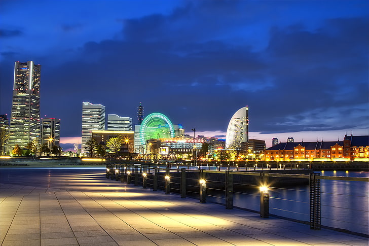city building near water, japan, yokohama, port, metropolis, night, lights, promenade, bay, HD wallpaper