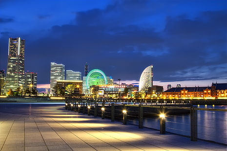 edifício da cidade perto da água, japão, porto, metrópole, noite, luzes, passeio marítimo, baía, HD papel de parede HD wallpaper