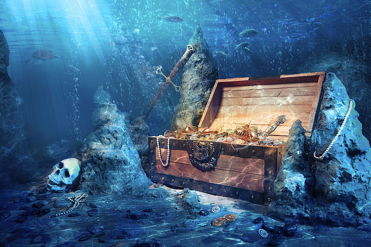 sztuka fantasy, piraci, skarb, czaszka, pod wodą, Tapety HD