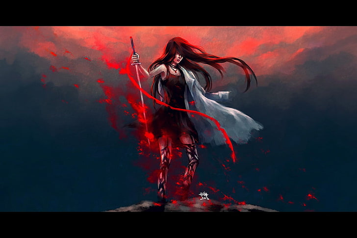 кровь, меч, NanFe, произведение искусства, длинные волосы, фэнтези девушка, фэнтези арт, HD обои