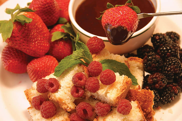 Fondue, Chocolate, Strawberry, Raspberry, Biscuit, Mint, HD wallpaper