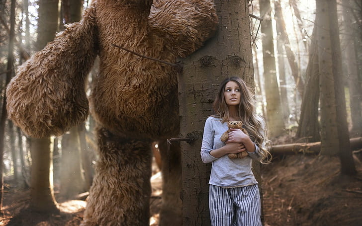 bear, big, forest, frightened, girl, tady, toy, women, HD wallpaper