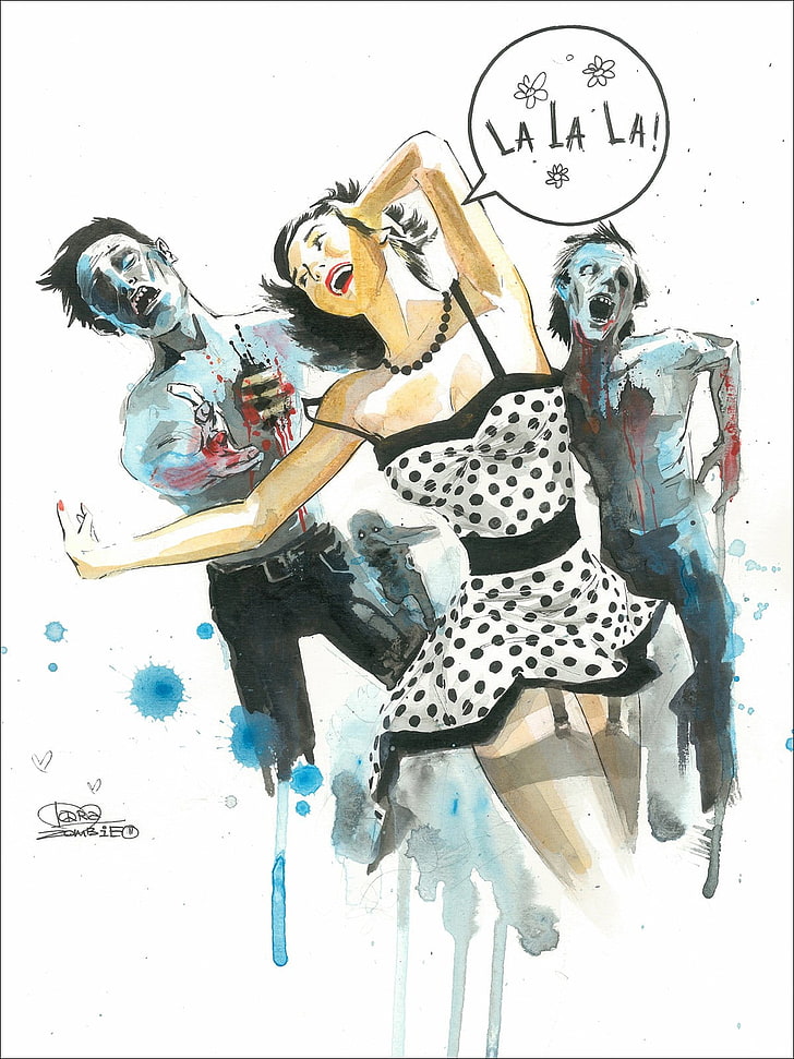 donna che corre dietro gli zombi che soffrono, lora zombie, arte classica, zombi, colorato, pittura, pittura a olio, acquerello, Sfondo HD, sfondo telefono