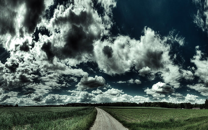 black and white abstract painting, landscape, digital art, sky, clouds, field, road, HDR, HD wallpaper