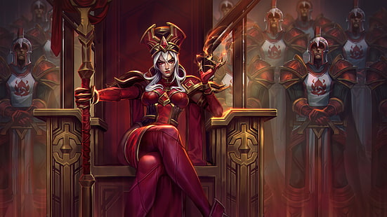 female action character sitting on throne chair wallpaper, digital art, artwork, video games, Blizzard Entertainment, Warcraft, World of Warcraft, white hair, women, tight clothing, Sally Whitemane, heroes of the storm, Scarlet_Crusade, HD wallpaper HD wallpaper