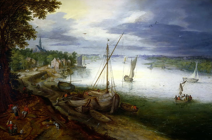 landscape, river, boat, picture, Jan Brueghel the younger, View on the Scheldt near Antwerp, HD wallpaper