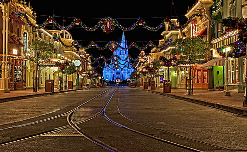 decoración, noche, calle, CA, EE. UU., guirnalda, Disneyland, Navidad, Año Nuevo, Anaheim, parques, Fondo de pantalla HD HD wallpaper