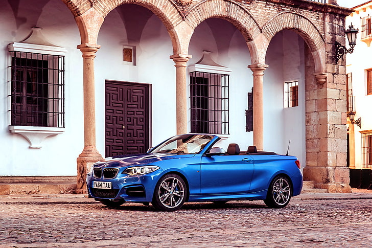 blue BMW convertible coupe, bmw, m235i, uk-spec, f23, convertible, blue, side view, HD wallpaper