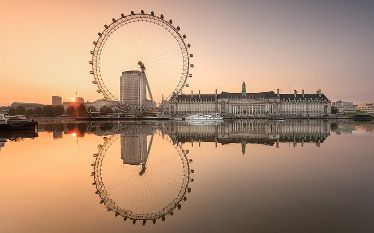 белое колесо обозрения, лондон, англия, город, море, вода, отражение, лондонский глаз, колесо обозрения, река, река темза, закат, архитектура, HD обои