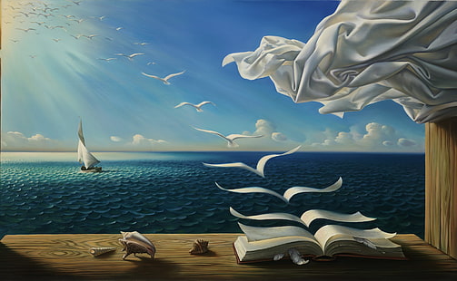 pássaros, livros, nuvens, cortinas, arte digital, fantasia arte, penas, voador, natureza, pintura, mar, concha do mar, sol, luz solar, tabela, madeira, HD papel de parede HD wallpaper