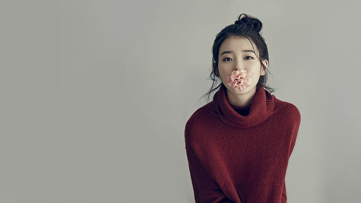 IU, women, flowers, red sweater, sweater, Korean, korean women, K-pop, HD wallpaper