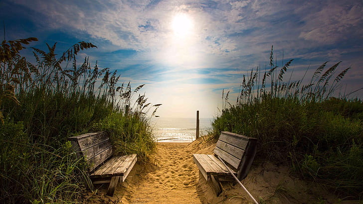 Beach Bench Sunlight Grass HD, natura, plaża, światło słoneczne, trawa, ławka, Tapety HD