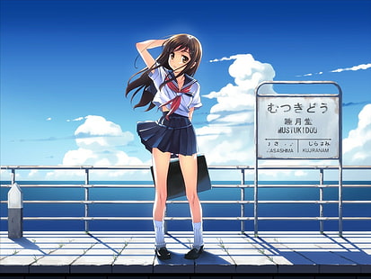ветрено, школьная форма, оригинальные персонажи, аниме девушки, HD обои HD wallpaper