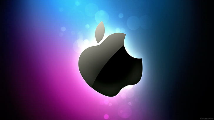 Logo Apple na niebieskim i różowym tle, logo Apple, jabłko, logo, marka, Tapety HD