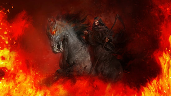 Grim Reaper, fire, hell, fantasy art, skull, HD wallpaper HD wallpaper
