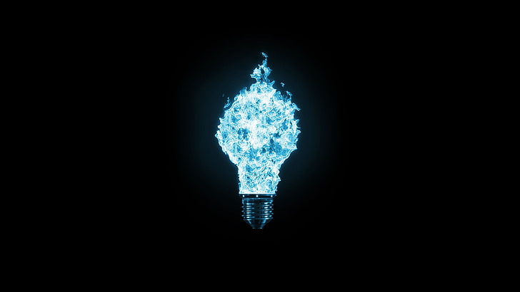 lightbulb, cyan, fire, blue flames, simple, black background, HD wallpaper