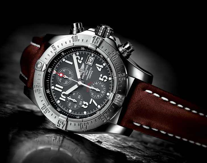 round silver-colored watch with brown leather strap, watch, Swiss watch, breitling, HD wallpaper