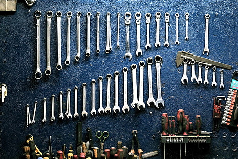 garage, hanging, mechanic, metal, steel, tools, wall, workshop, wrench, HD wallpaper HD wallpaper