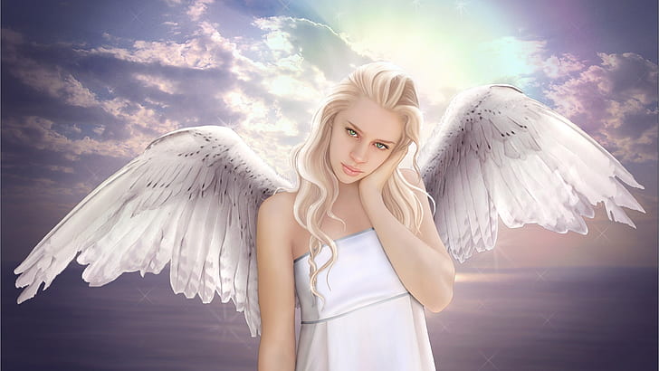 Fantasy ragazza angelo, ali, cielo, bianco, fantasia, angelo, ragazza, ali, cielo, bianco, Sfondo HD