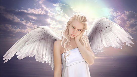 Fantasy angel girl, wings, sky, white, Fantasy, Angel, Girl, Wings, Sky, White, HD wallpaper HD wallpaper