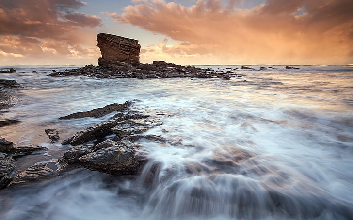 piedra marrón, mar, océano, durante las piedras, Fondo de pantalla HD