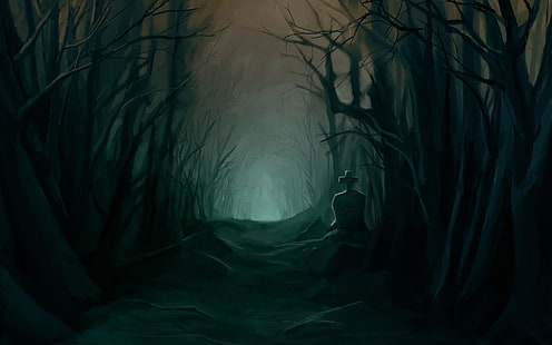dark forest, creepy, grave, path, scary, trees, Fantasy, HD wallpaper HD wallpaper