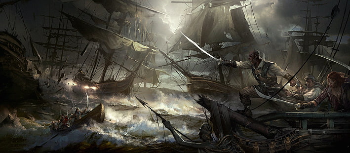 Fantazja, pirat, bitwa, statek, miecz, Tapety HD HD wallpaper