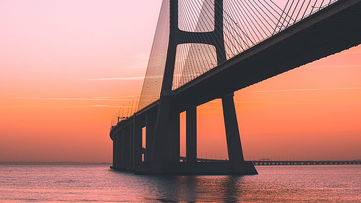 most, morze, Lizbona, Portugalia, pomarańczowy, Tapety HD