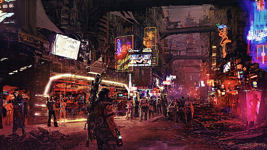 Ilustrasi game MMORPG, karya seni, seni digital, fiksi ilmiah, seni fantasi, kota futuristik, konsep seni, futuristik, matahari terbenam, CGI, cyberpunk, seni kipas, Hong Kong, Wallpaper HD HD wallpaper