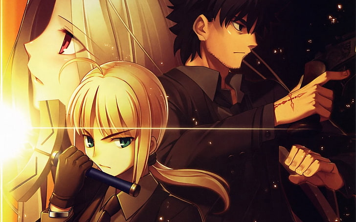 dwie żółto-czarnowłose męskie postacie z anime, Seria Fate, Fate / Zero, Irisviel Von Einzbern, Kiritsugu Emiya, Sabre (Seria Fate), Tapety HD