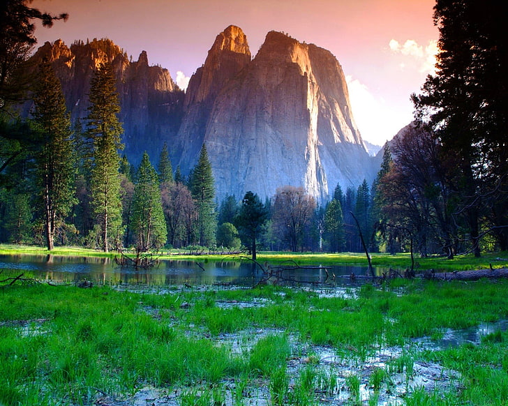 fotografi pemandangan gunung dekat badan air, alam, Taman Nasional Yosemite, pegunungan, sungai, pohon, Wallpaper HD
