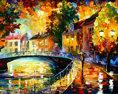 家と橋、橋、都市、雨、水彩画の色とりどりの絵画、 HDデスクトップの壁紙 HD wallpaper
