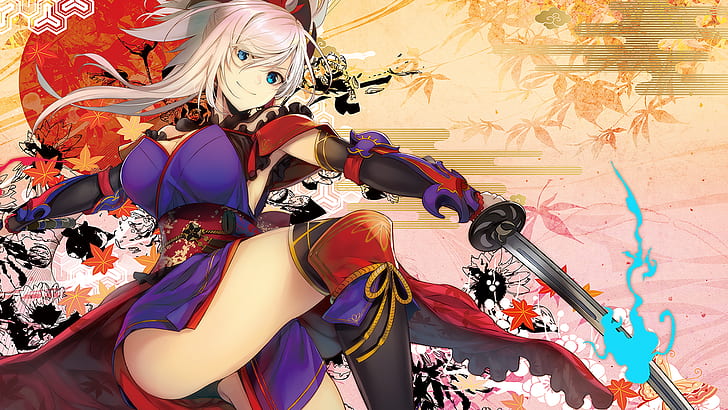 bionda, calze, capelli bianchi, spada, Miyamoto Musashi (ordine fategrand), ordine FateGrand, Sfondo HD